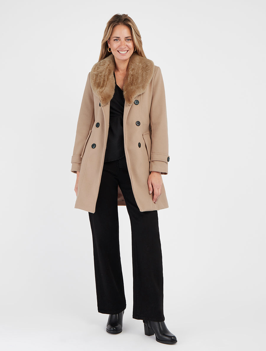 Abrigo con cuello de piel sintética desmontable - Camello claro