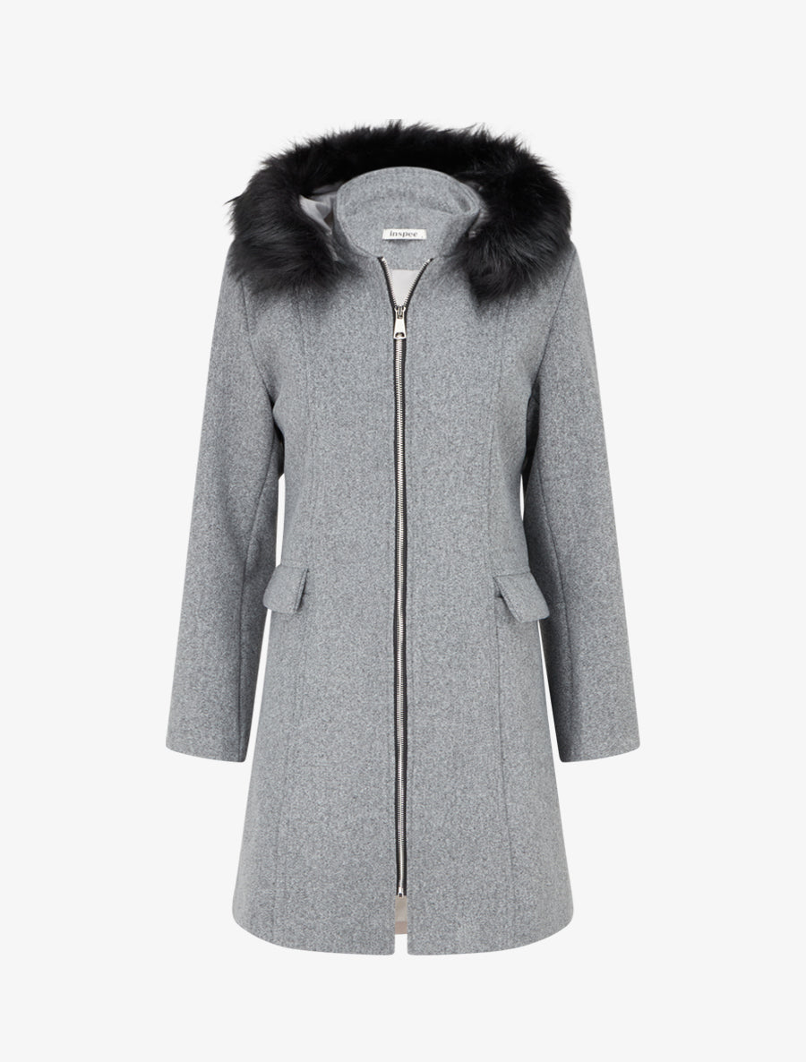 Manteau long à capuche et zip - Gris - 1