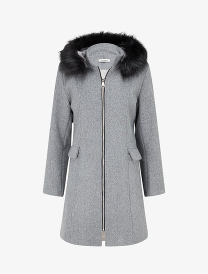 Manteau long à capuche et zip - Gris - 1