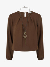 Blusa lisa con bordes elásticos - Marrón