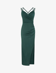Robe longue ajustée à fente et bretelles - Vert foncé - 1