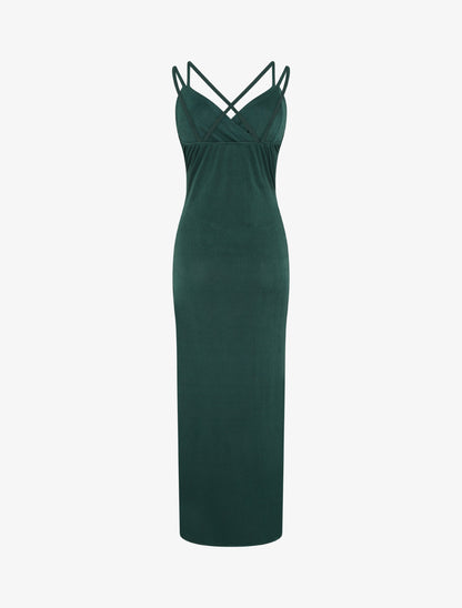 Robe longue ajustée à fente et bretelles - Vert foncé - 2