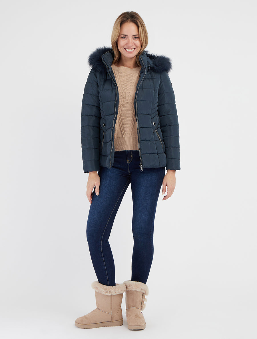 Chaqueta acolchada recta con capucha de piel sintética. - Marine