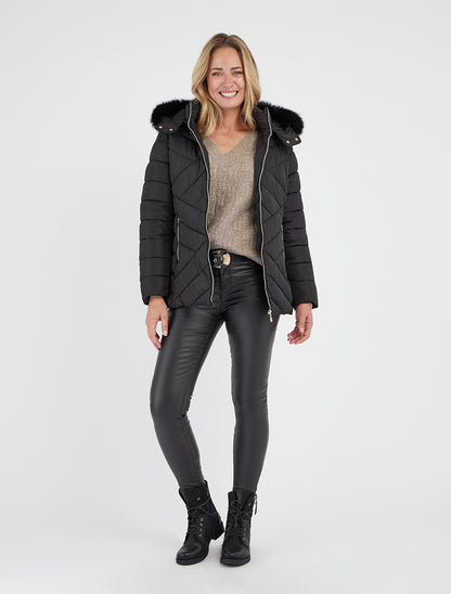 Chaqueta acolchada con capucha de piel sintética - Negro