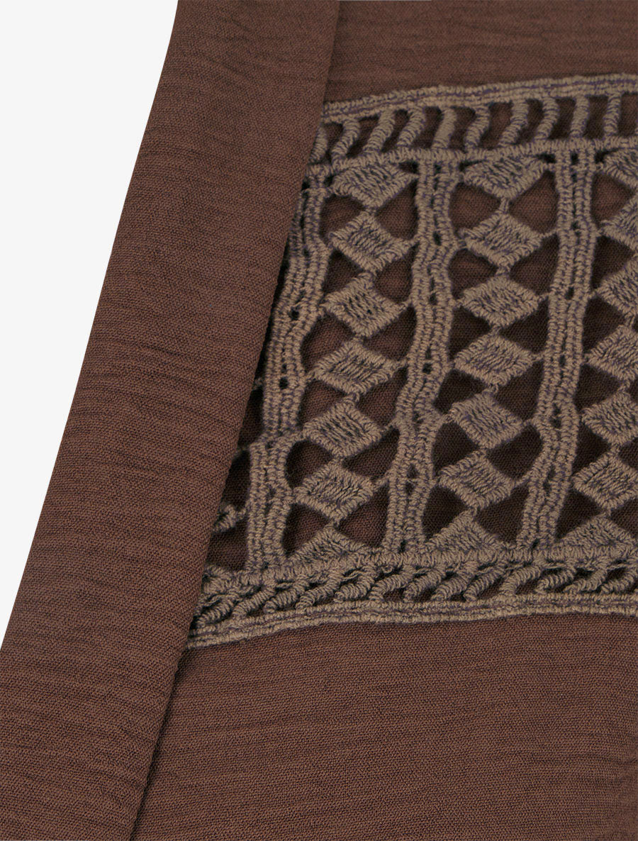 Blusa fluida corte globo con detalle de crochet - Marrón