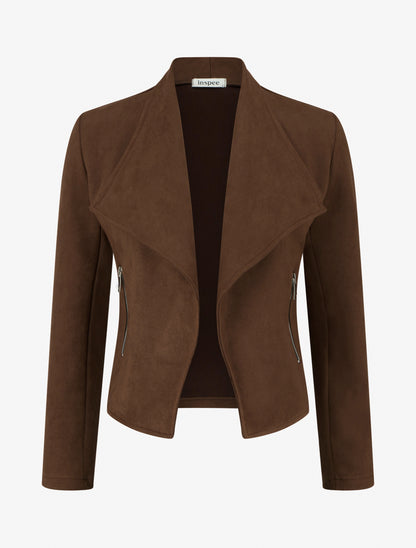Chaqueta de ante con bolsillos decorativos con cremallera. - Marrón