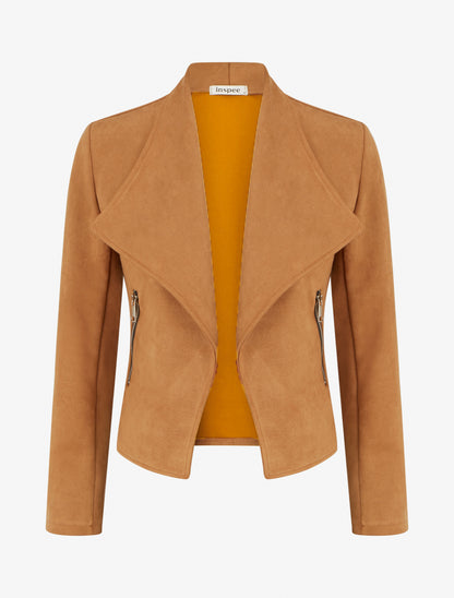 Chaqueta de ante con bolsillos decorativos con cremallera. - Camello