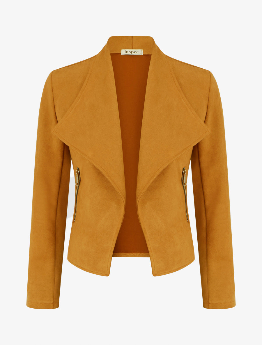 Chaqueta de ante con bolsillos decorativos con cremallera. - Camello