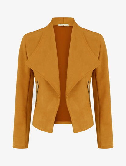 Chaqueta de ante con bolsillos decorativos con cremallera. - Camello