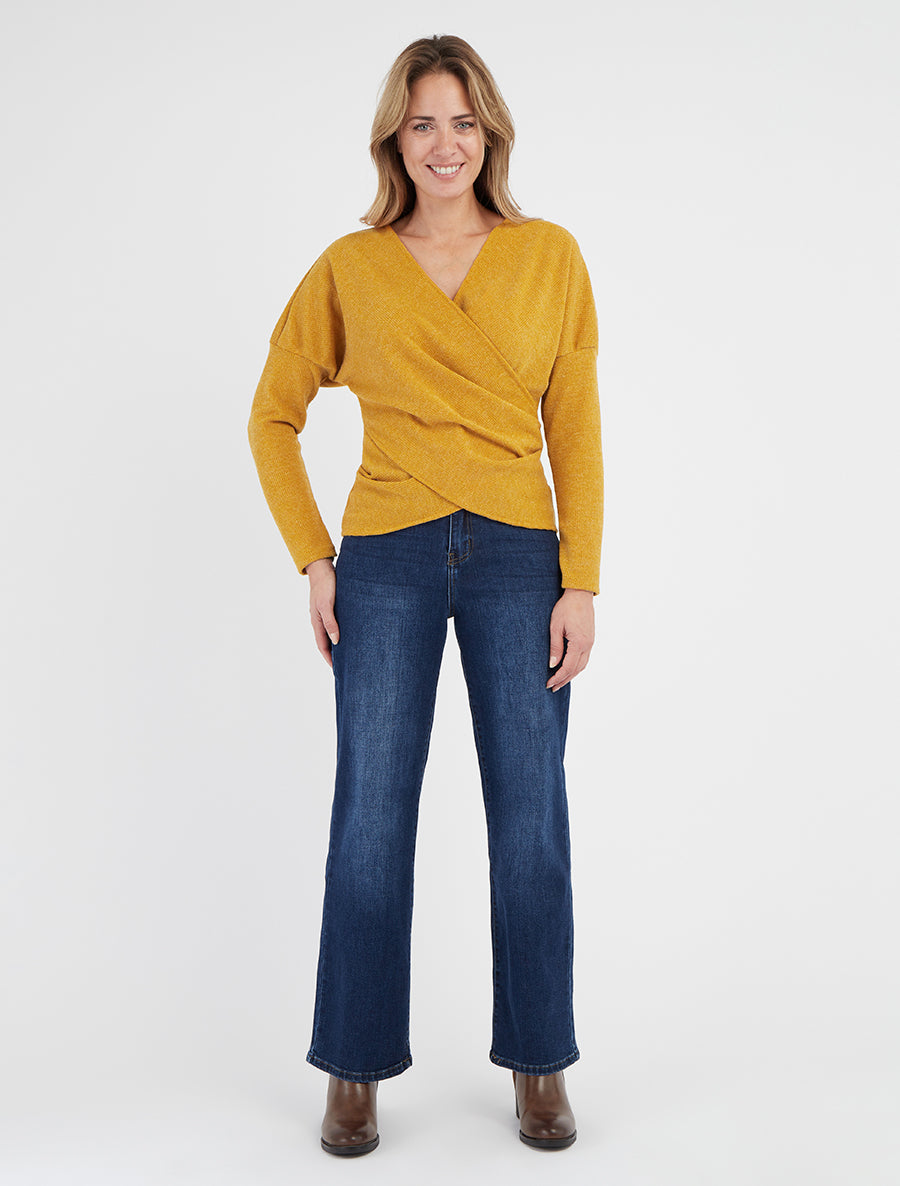 Jersey fino liso con cuello cruzado - Amarillo mostaza