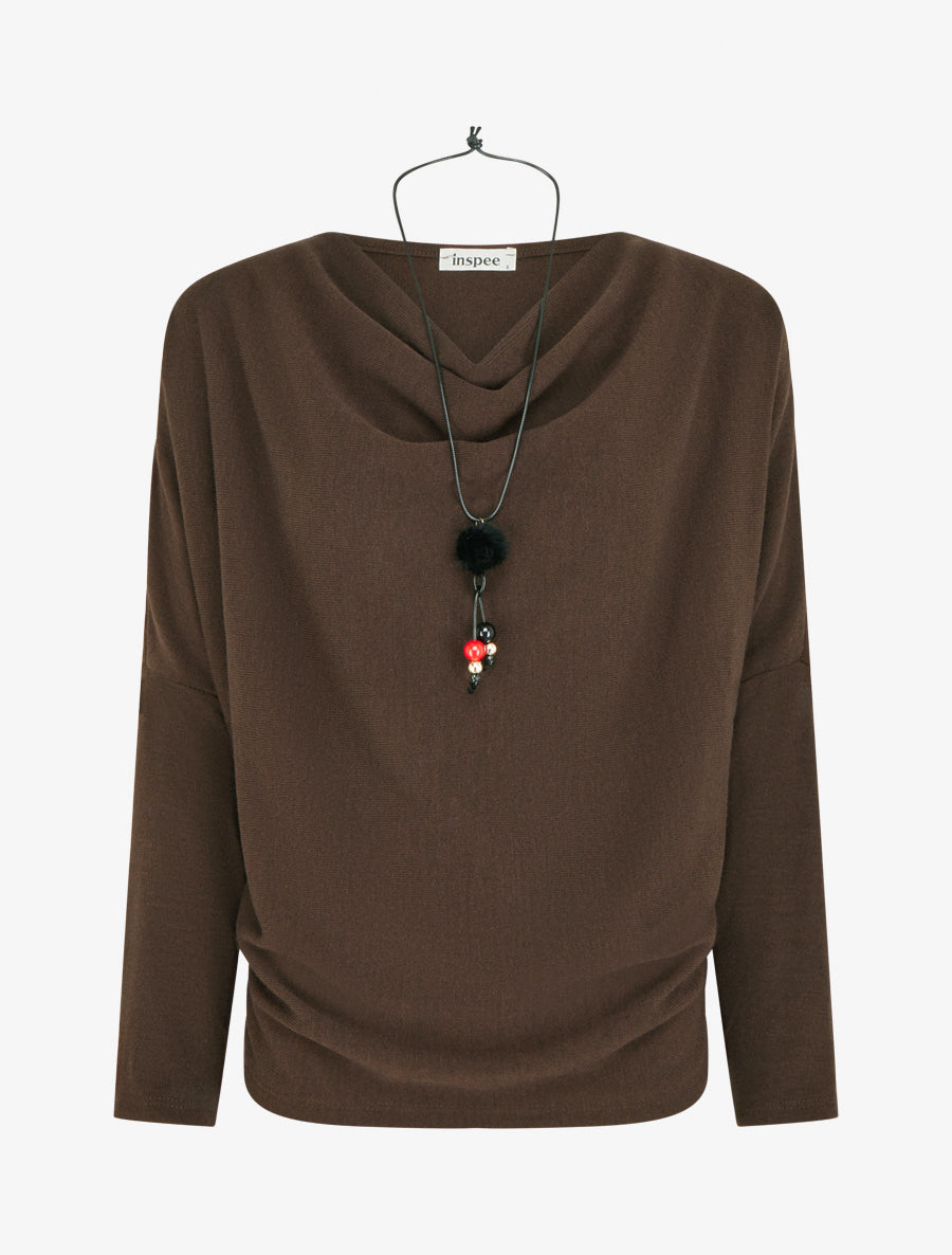 Jersey fino liso con cuello drapeado. - Marrón