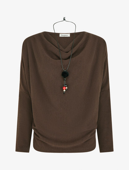 Jersey fino liso con cuello drapeado. - Marrón