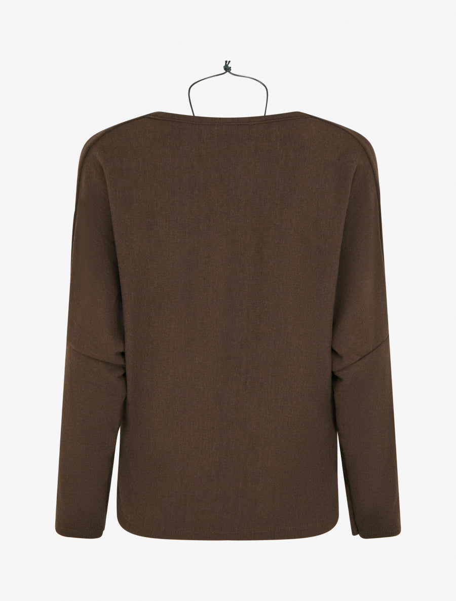 Jersey fino liso con cuello drapeado. - Marrón
