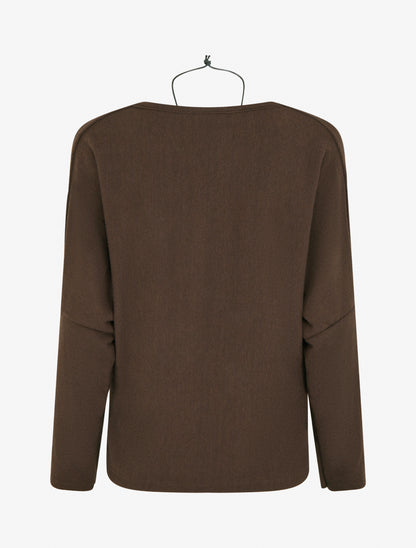 Jersey fino liso con cuello drapeado. - Marrón