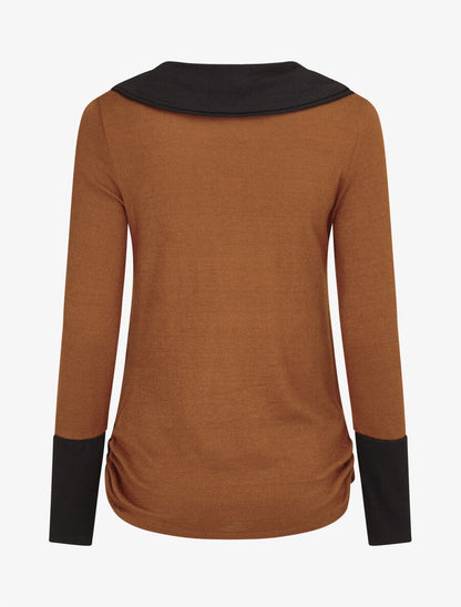 Pull fin à col rond stylisé - Camel/noir - 2