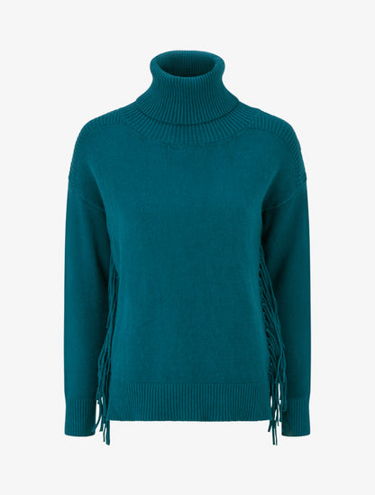 Pull uni à col roulé et franges - Bleu canard - 1
