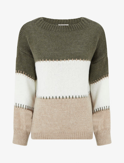 Pull droit à grandes rayures - Kaki - 1