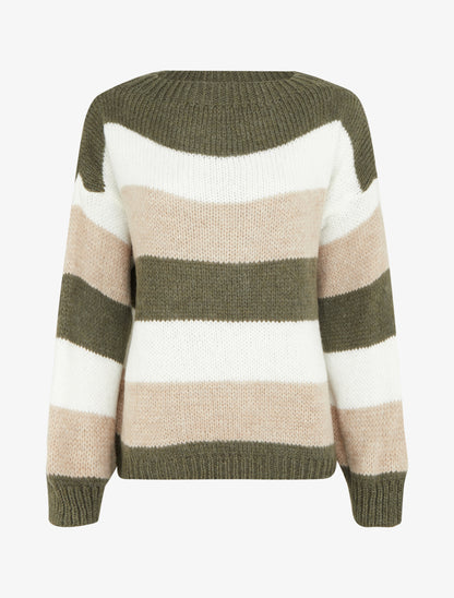 Pull rayé droit à col rond - Kaki - 1