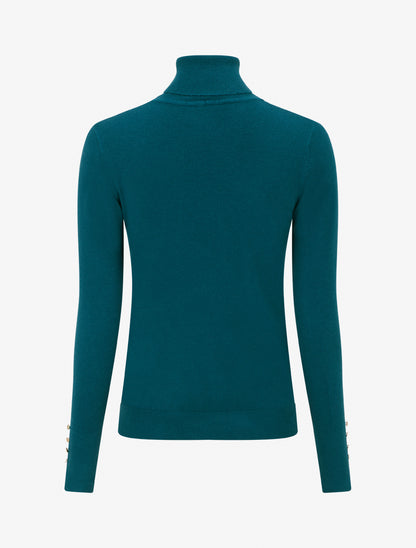 Pull fin à col roulé et boutons décoratifs - Bleu canard - 2