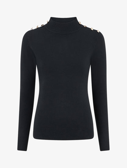 Pull ajusté à col montant et boutons - Noir - 1