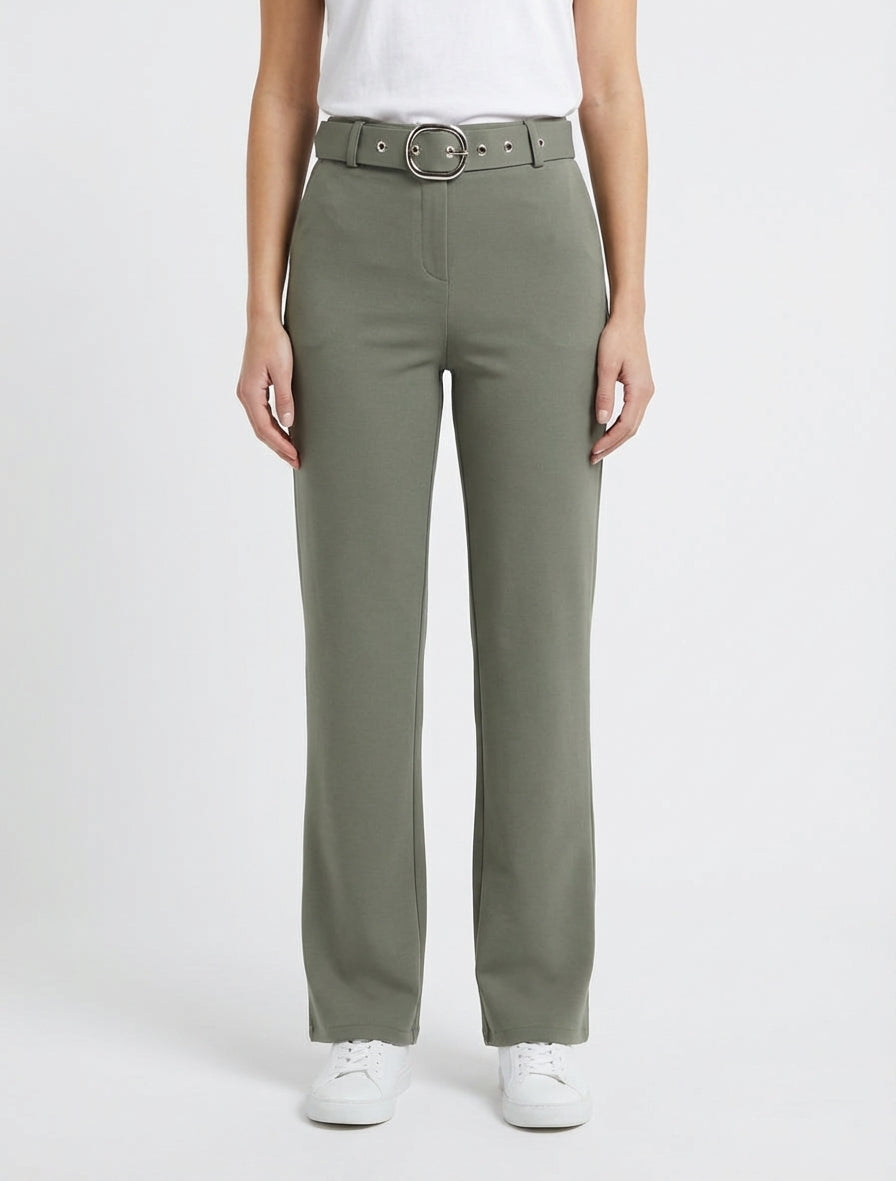 Pantalón recto con cinturón - Caqui