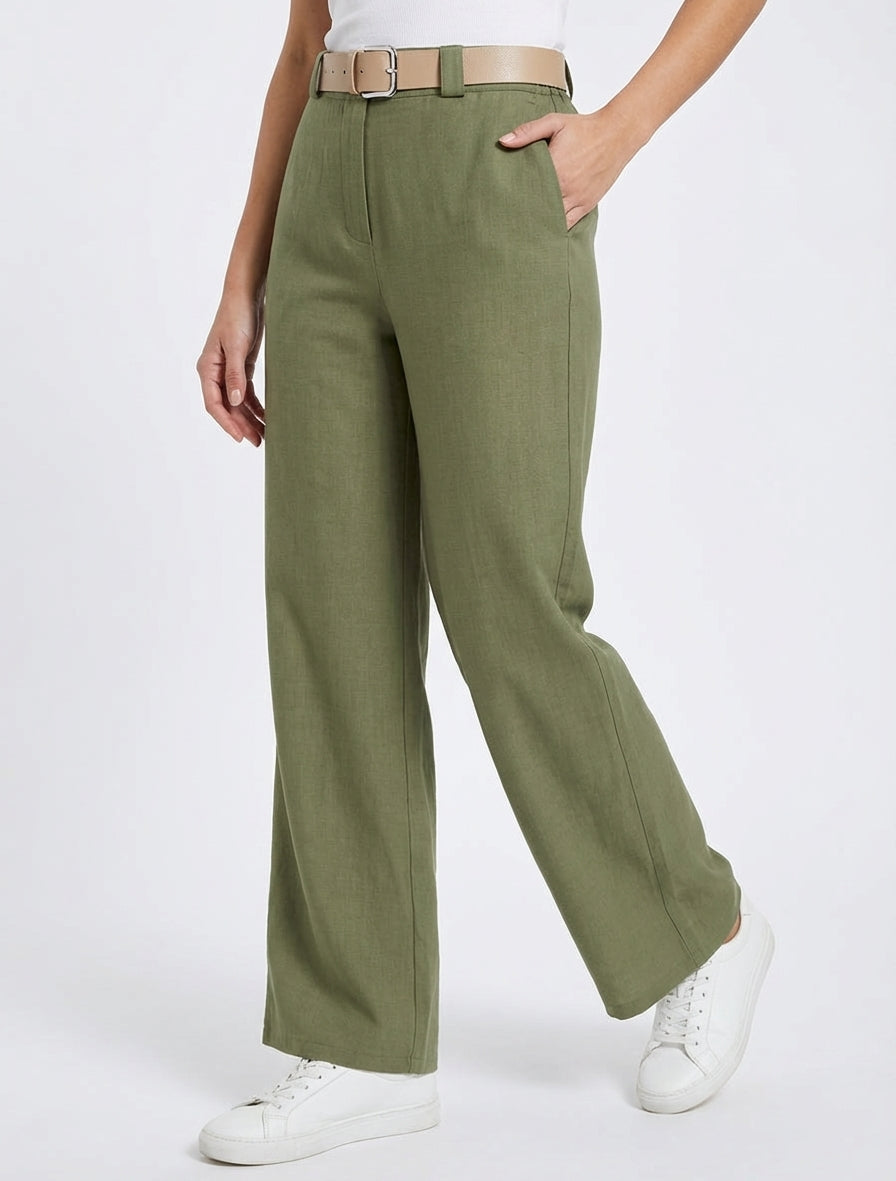 Pantalón recto liso elástico - Caqui