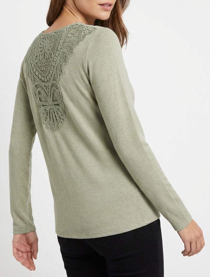 Suéter con espalda bordada y cuello drapeado - Caqui