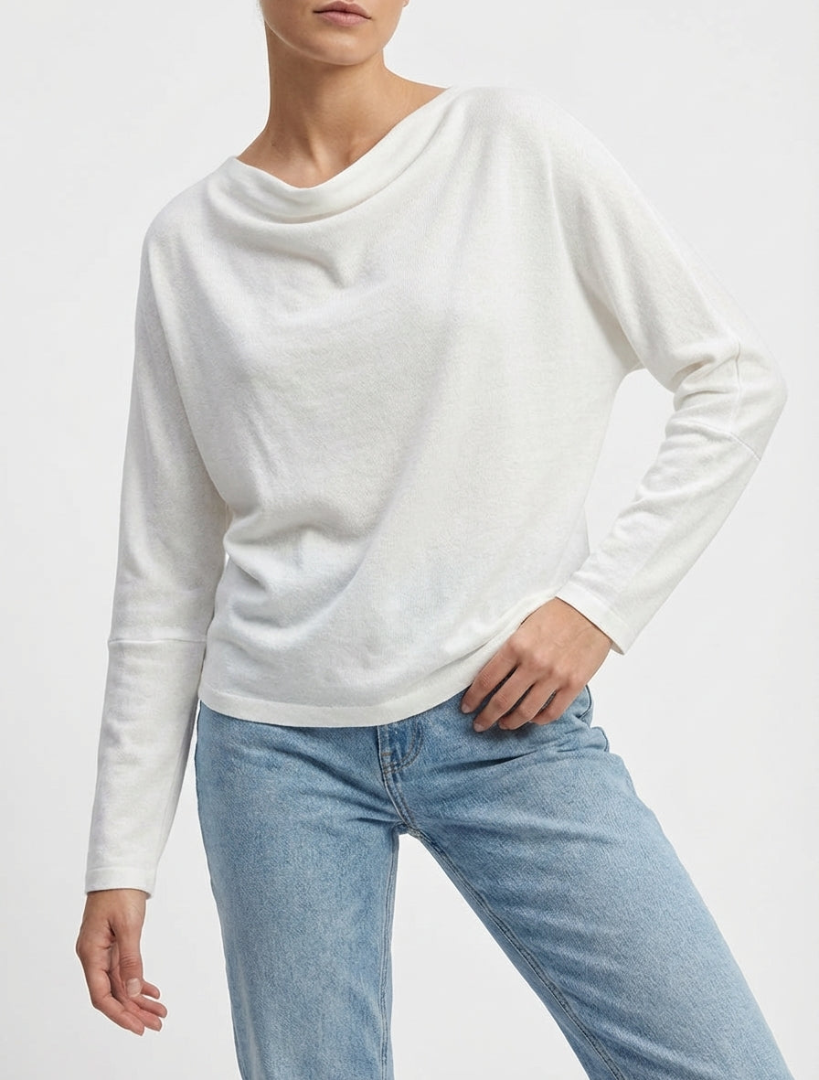 Jersey fino liso con cuello drapeado. - Blanco