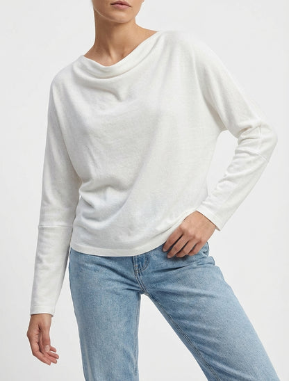 Jersey fino liso con cuello drapeado. - Blanco