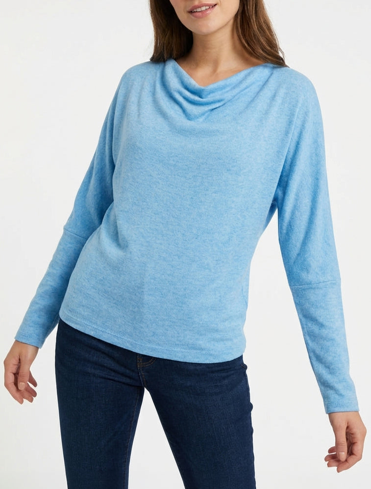 Jersey fino liso con cuello drapeado. - Azul cielo