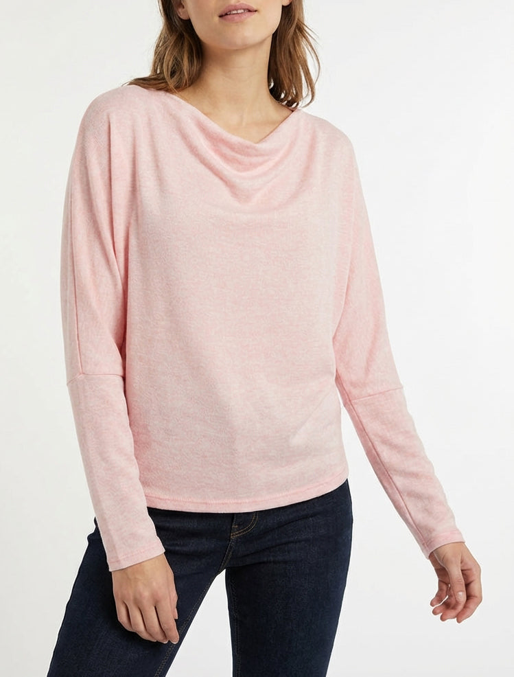 Jersey fino liso con cuello drapeado. - Rosa