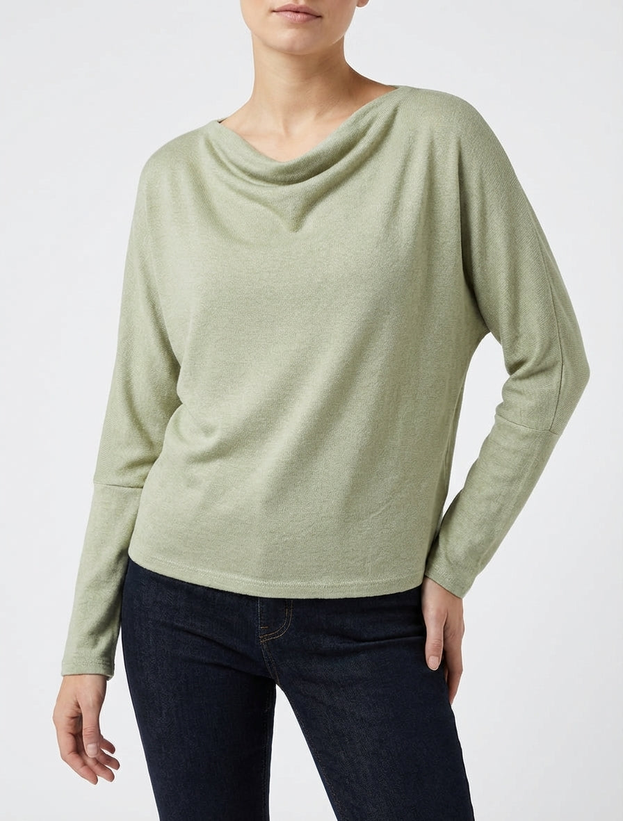 Jersey fino liso con cuello drapeado. - Caqui