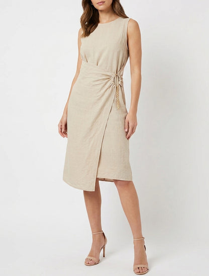 Vestido largo liso con cadena - Beis