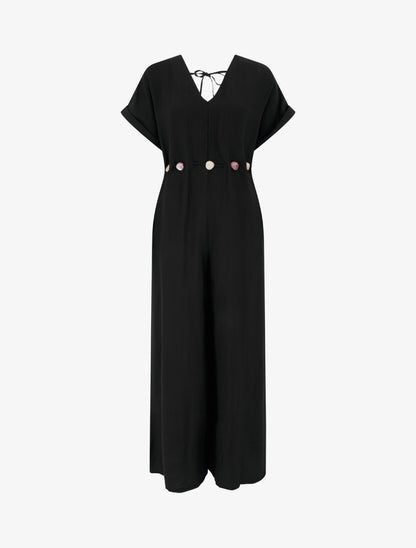 Combinaison ample à manches courtes et ceinture perlée - Noir - 1