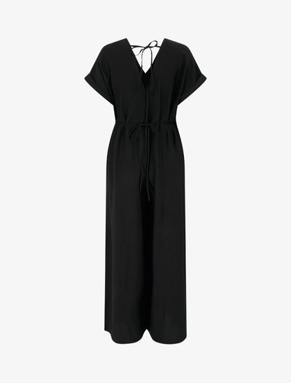 Combinaison ample à manches courtes et ceinture perlée - Noir - 2