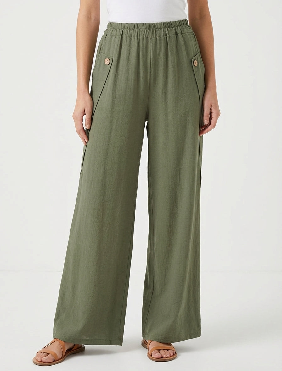 Pantalón ancho liso con botones decorativos - Caqui