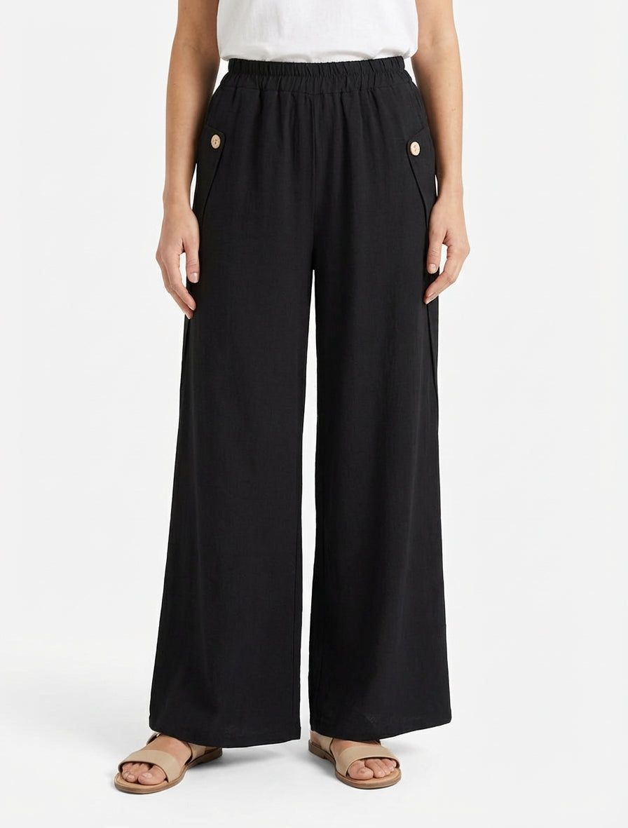 Pantalón ancho liso con botones decorativos - Negro