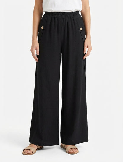 Pantalón ancho liso con botones decorativos - Negro