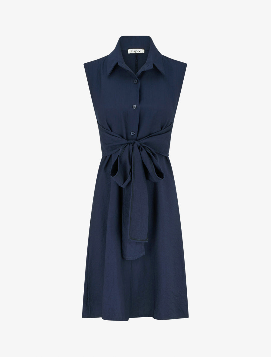 Robe chemise sans manches à liens à nouer - Marine - 1