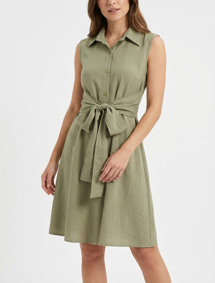 Vestido camisero sin mangas con lazos para atar - Verde oliva