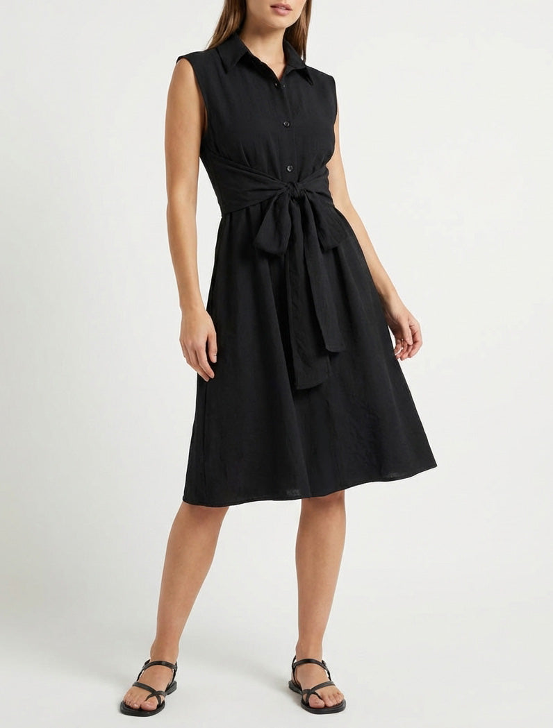 Vestido camisero sin mangas con lazos para atar - Negro