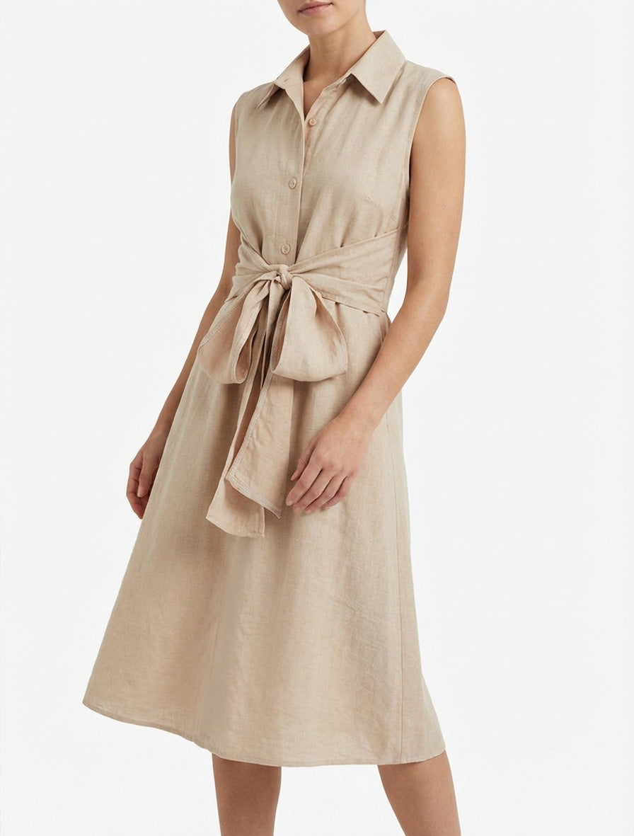 Vestido camisero sin mangas con lazos para atar - Beis