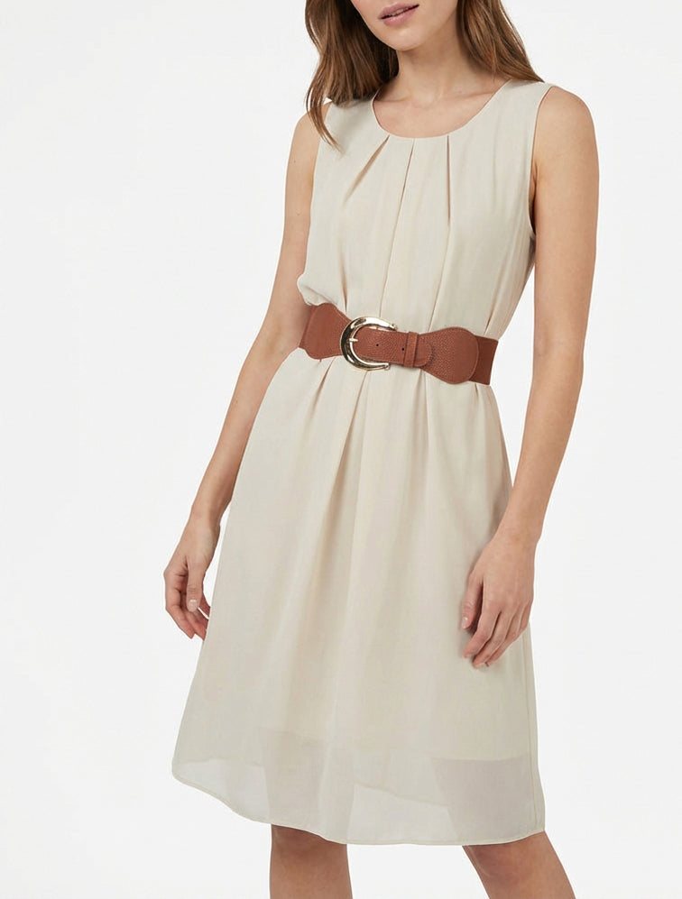 Vestido liso de gasa sin mangas - Beis