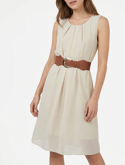 Vestido liso de gasa sin mangas - Beis