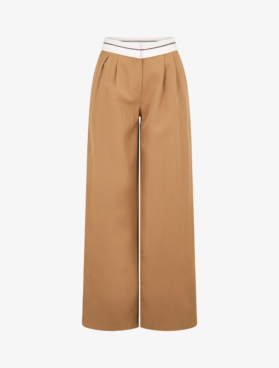 Pantalon wide leg à taille contrastante - Camel - 4