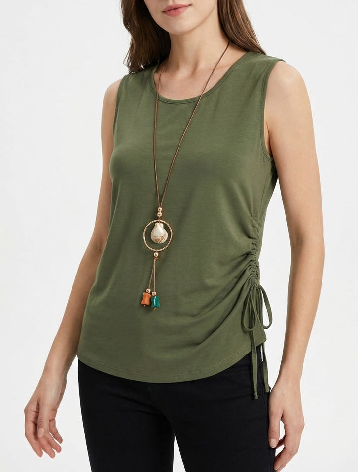 Top fruncido sin mangas con cuello redondo - Caqui