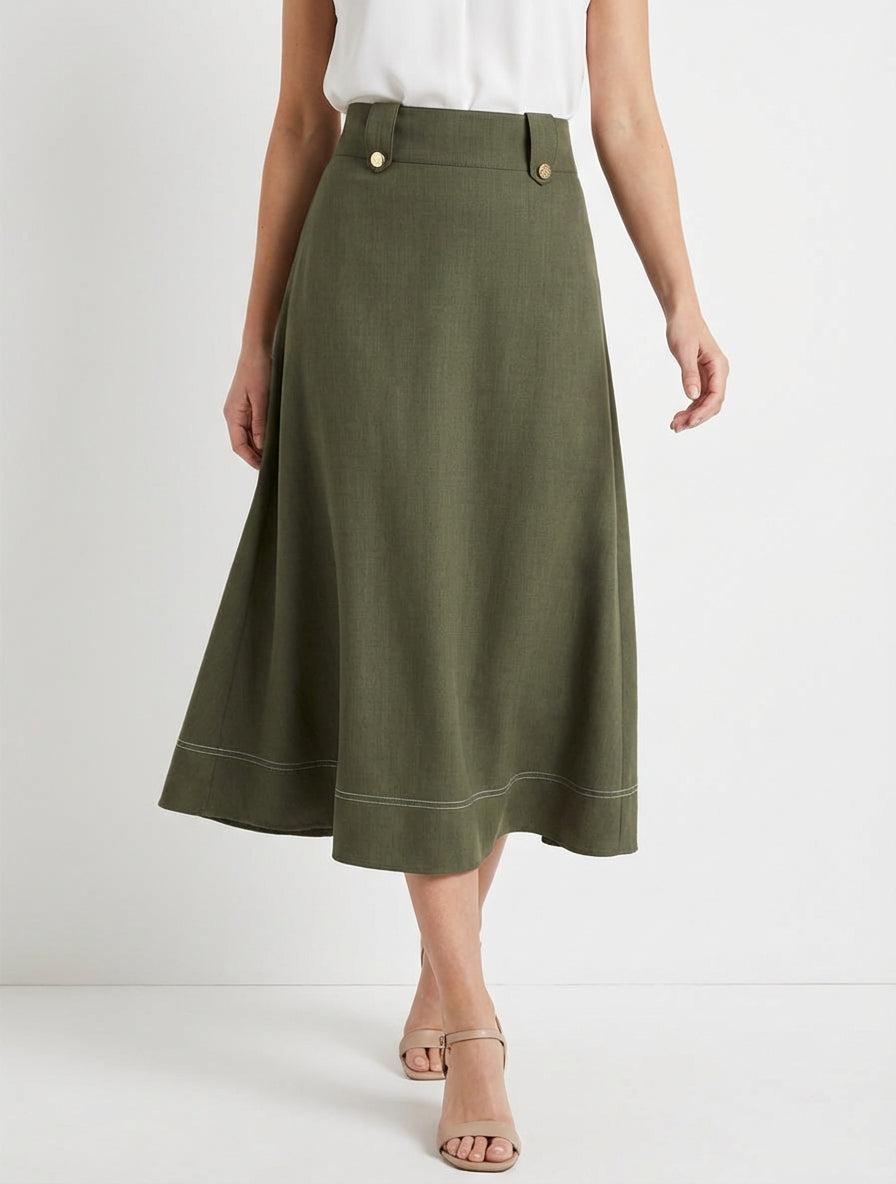 Falda midi con botones decorativos - Caqui
