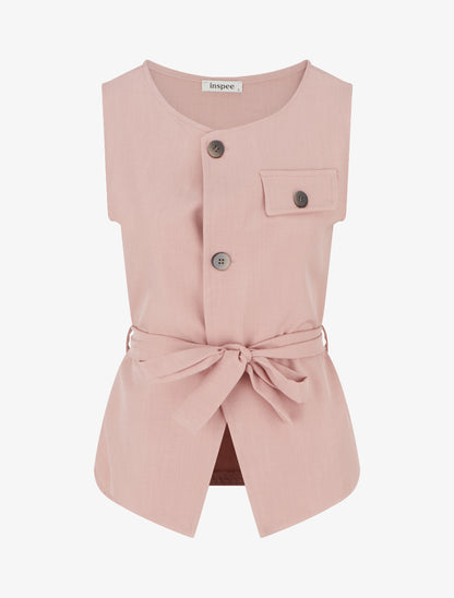 Top boutonné sans manches à poche décorative - Vieux rose - 1