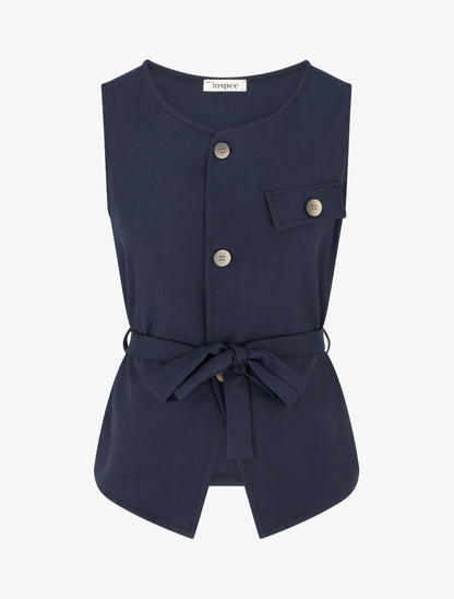Top boutonné sans manches à poche décorative - Marine - 1