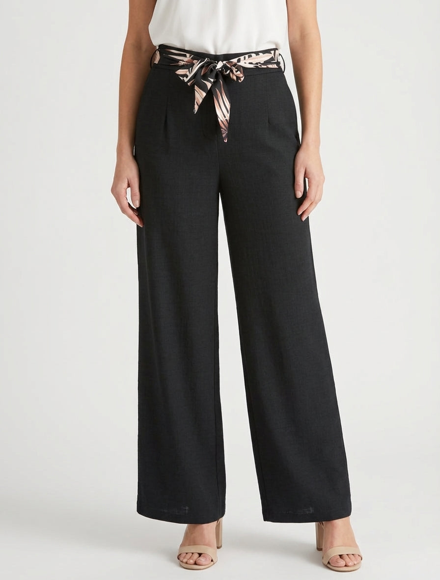 Pantalón recto con cinturón efecto lino - Negro